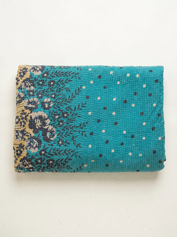 Vintage Kantha Bedspread in Recycled Cotton: Turquoise Blue Daisy