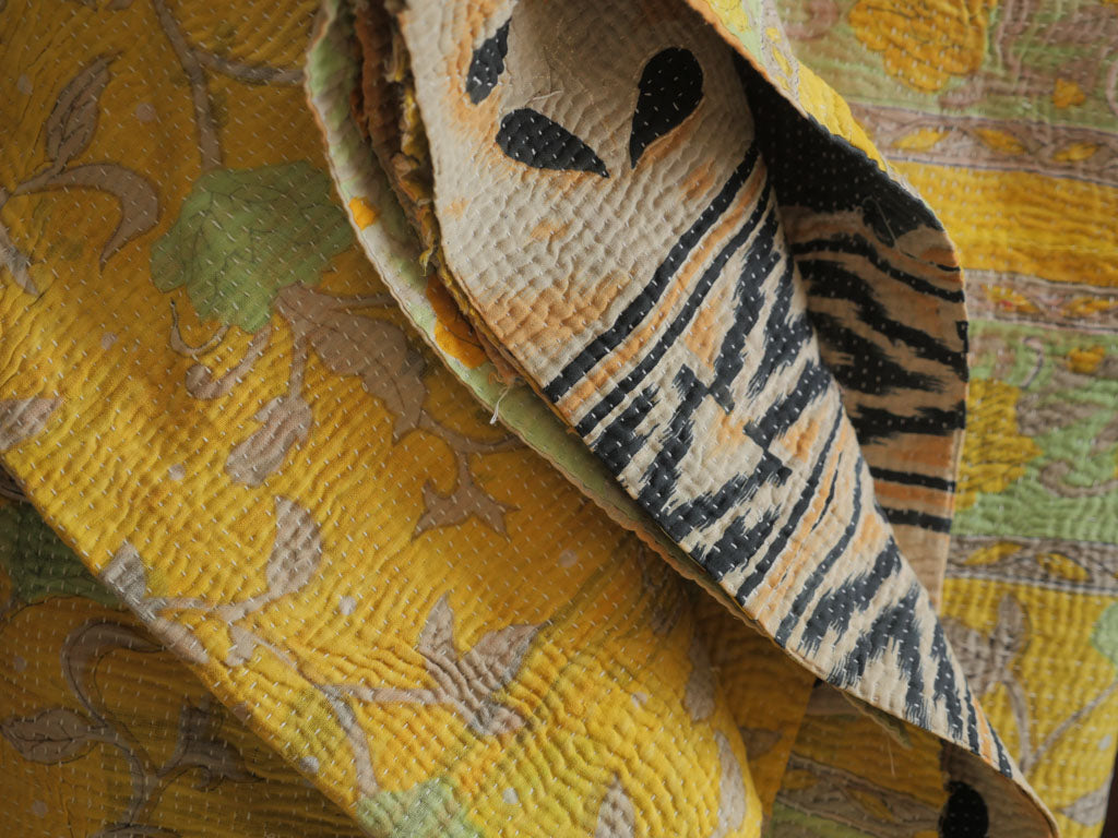 Vintage Kantha Bedspread in Recycled Cotton: Yellow Rose