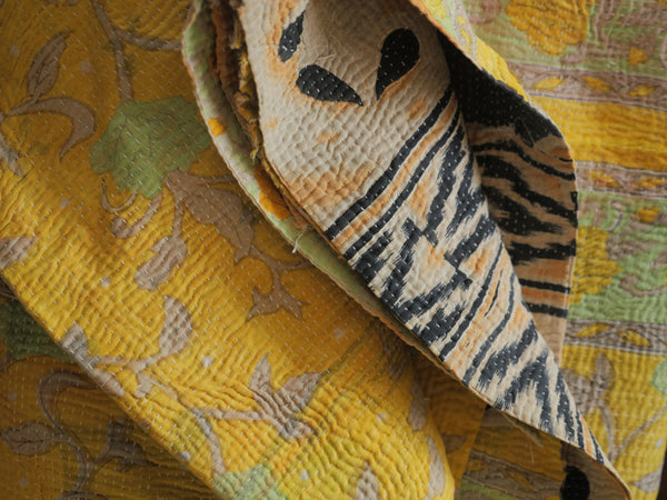 Vintage Kantha Bedspread in Recycled Cotton: Yellow Rose