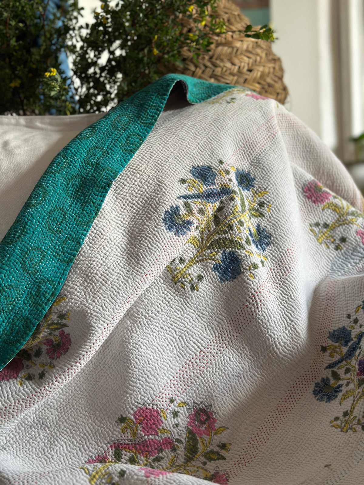 Vintage Block Printed Kantha Cornflower birds