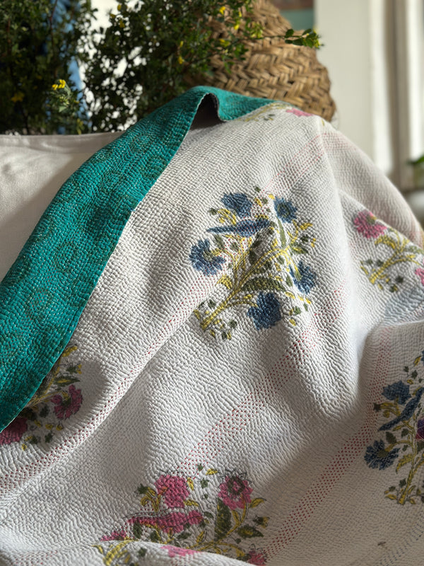 Vintage Block Printed Kantha Cornflower birds