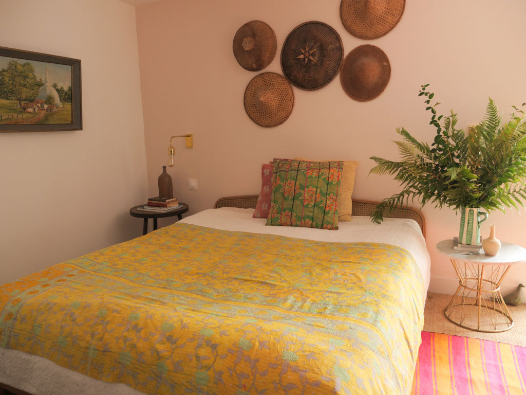 Vintage Kantha Bedspread in Recycled Cotton: Yellow Rose