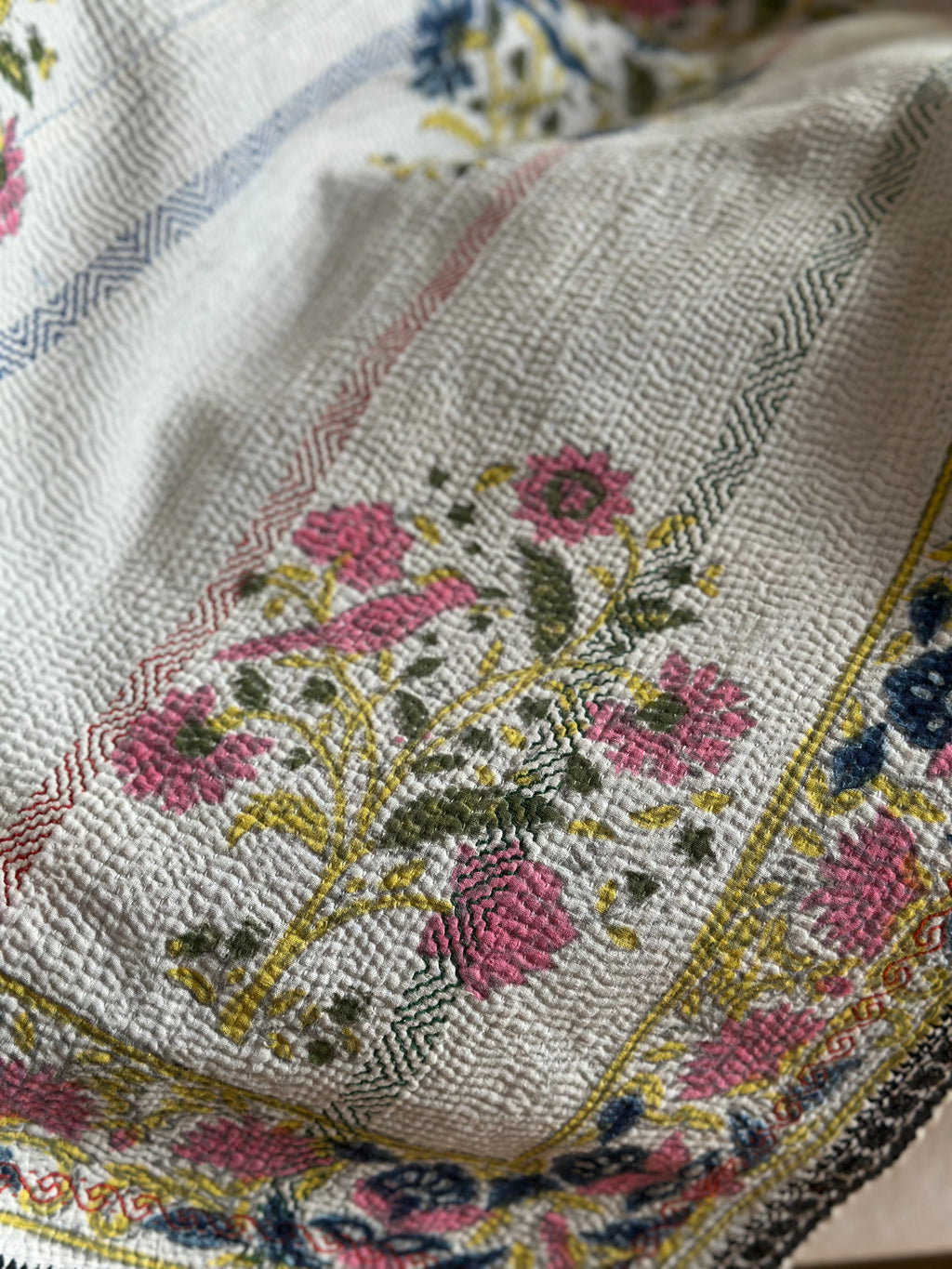 Vintage Block Printed Kantha Cornflower birds