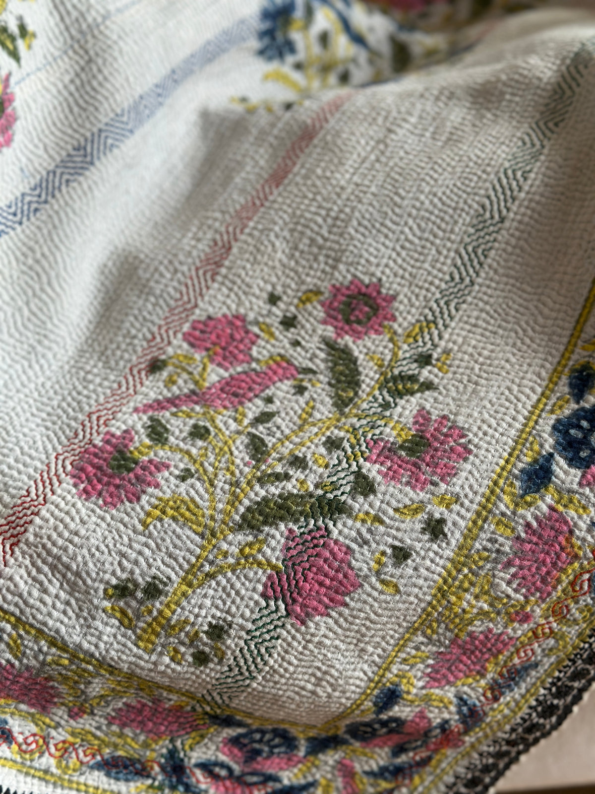 Vintage Block Printed Kantha Cornflower birds