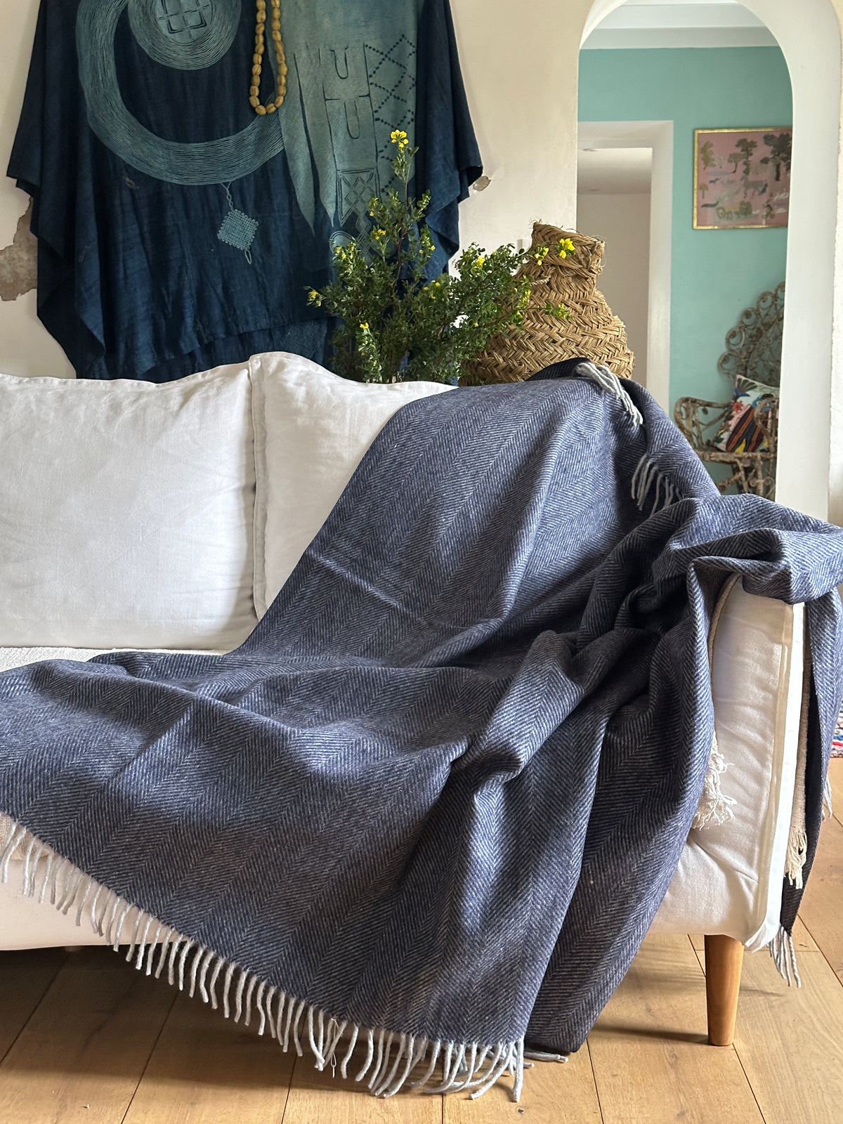 NEW 100% Handwoven Wool Throw: Navy