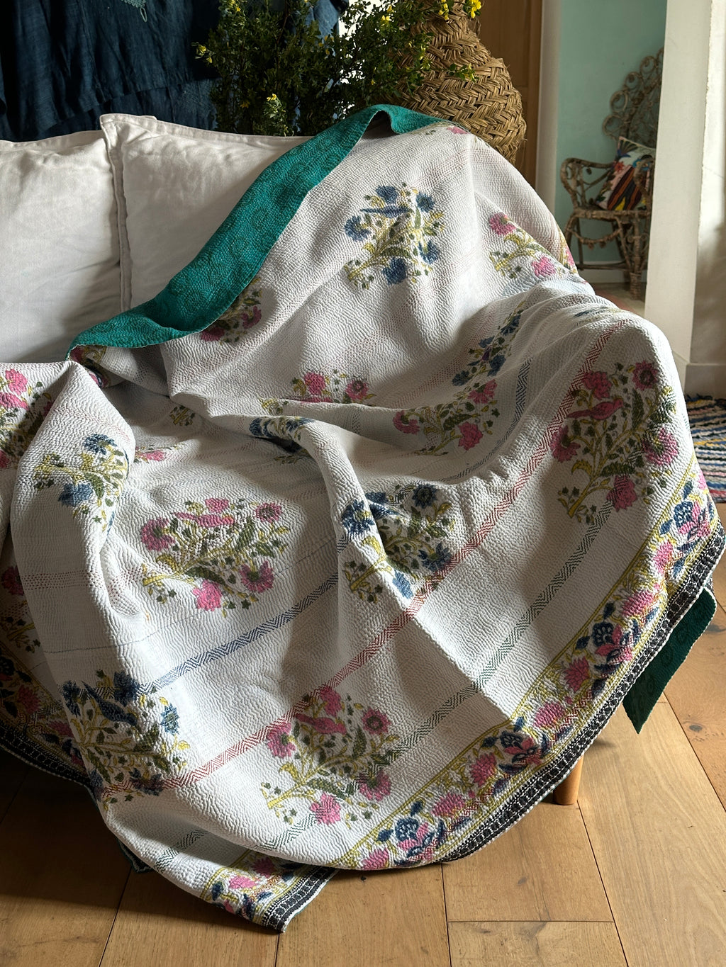 Vintage Block Printed Kantha Cornflower birds