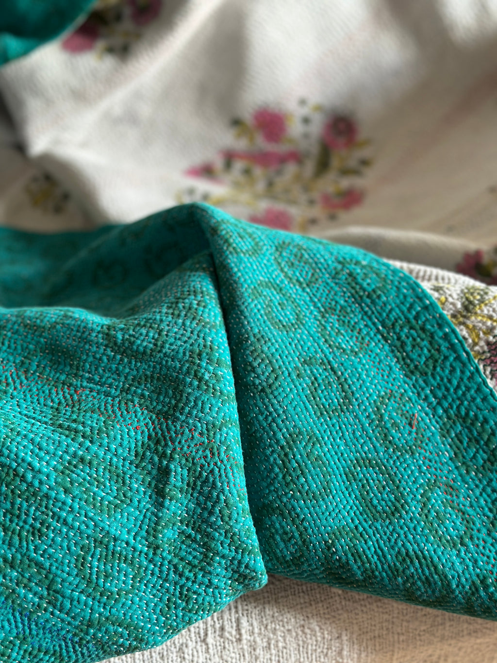 Vintage Block Printed Kantha Cornflower birds