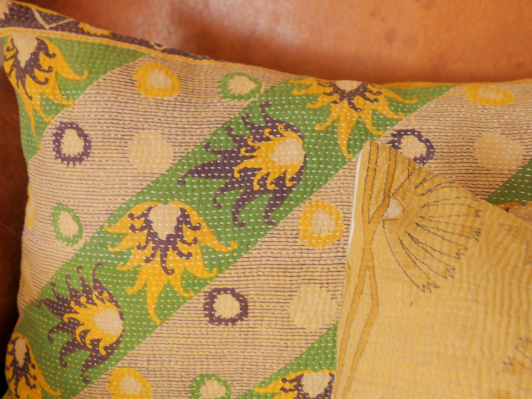Ochre & Violet Flame. Vintage Kantha cushion cover Secondary image