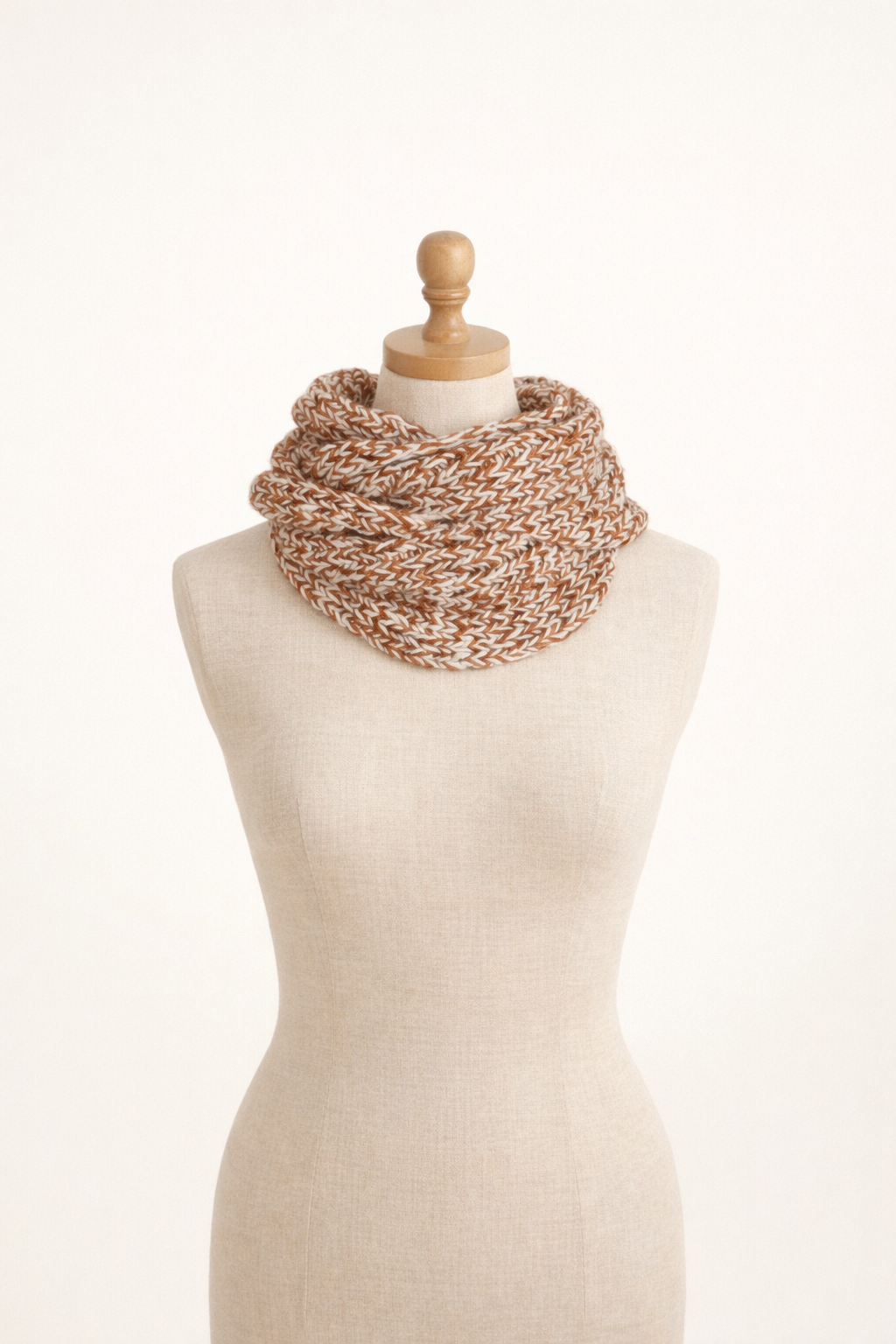 Hand-knitted snood or tube scarf. Chestnut Marl.