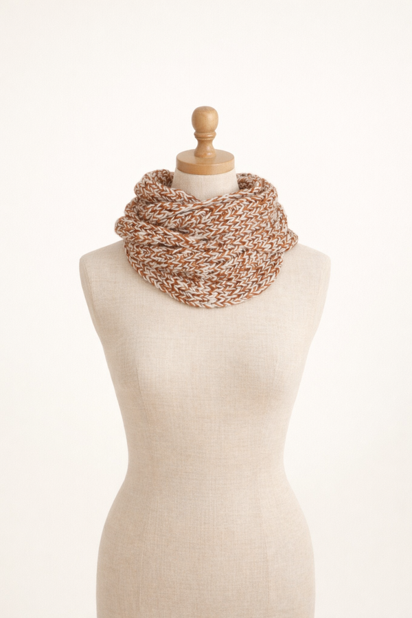 Hand-knitted snood or tube scarf. Chestnut Marl.