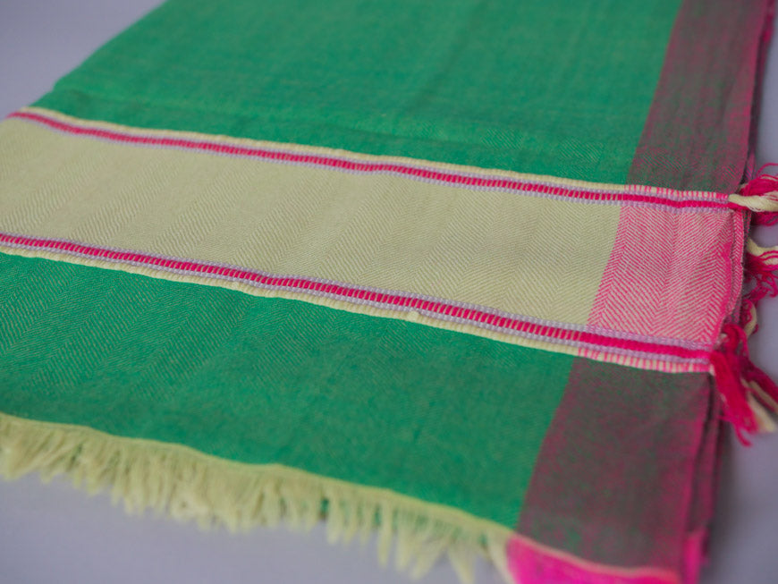 Hand loomed fine wool scarf, bright green and pink.