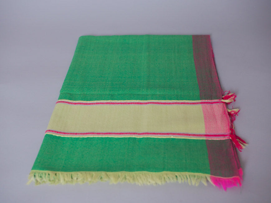 Hand loomed fine wool scarf, bright green and pink.