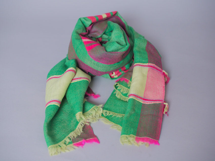 Hand loomed fine wool scarf, bright green and pink.