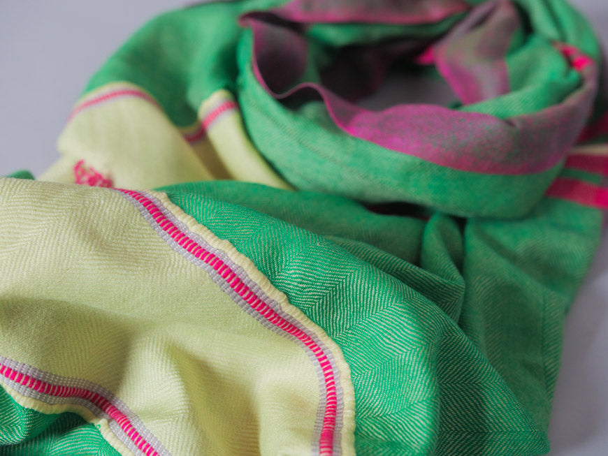Hand loomed fine wool scarf, bright green and pink.