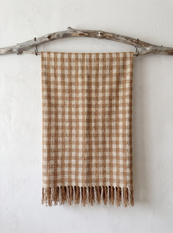 Handcrafted Beige and Ecru Check Cotton Throw, Handwoven. 160 x 240 cm