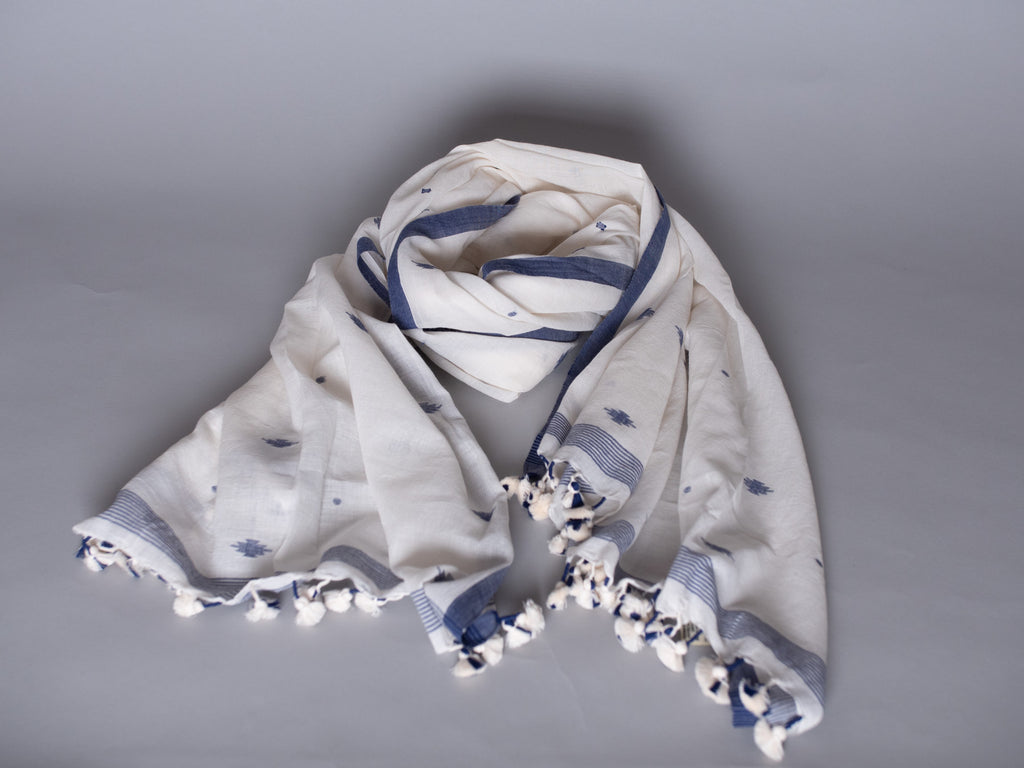 Chale Dupatta Oiseau Bleu, Tissé Main, Coton Doux et Fin 
