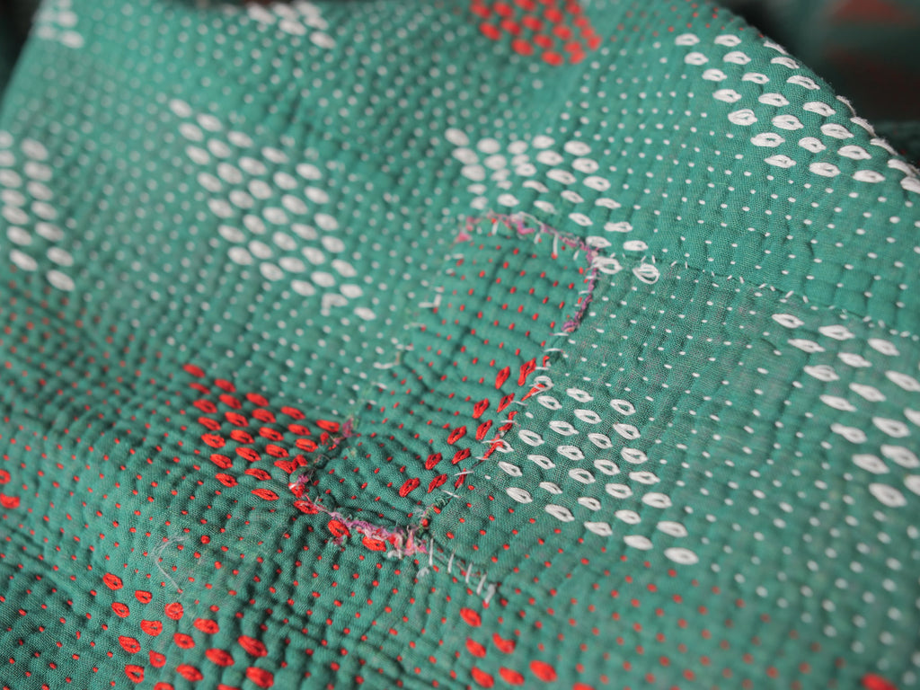 Vintage Kantha quilt No.158 "Emerald Diamond"
