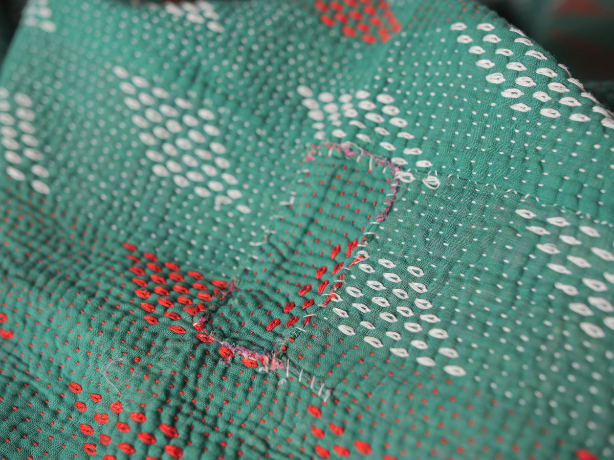Vintage Kantha quilt No.158 "Emerald Diamond"