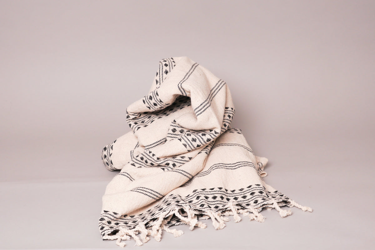 100% cotton, hand-woven throw. Woven with threads in off-white, motifs in black. 140 x 230cm