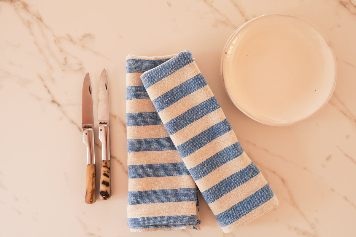 Hand loomed Tea Towel, Napkin, Blue Striped Dinard. 
