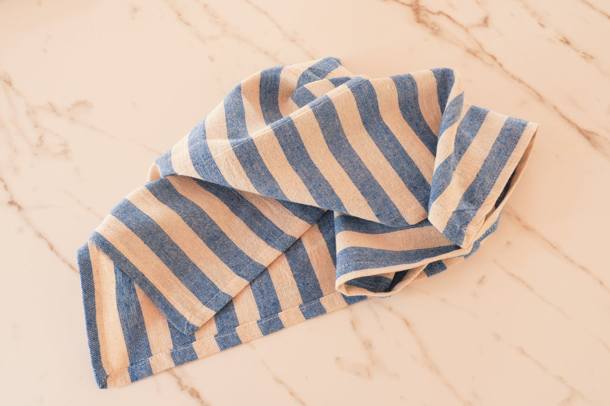 Hand loomed Tea Towel, Napkin, Blue Striped Dinard. 
