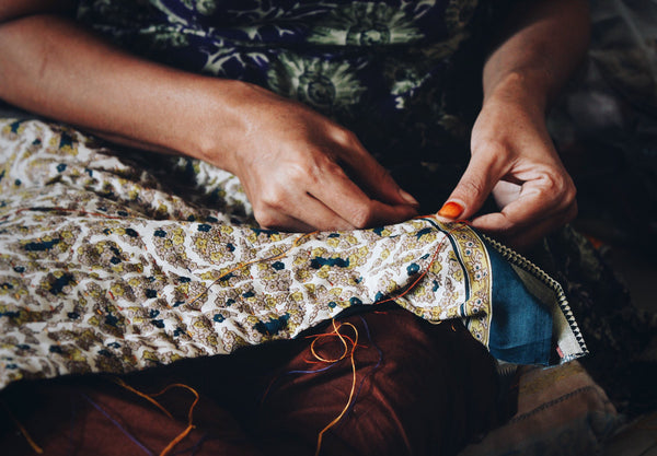 Kantha sari bedspread No.107 "Earth", hand-embroidered recycled cotton.