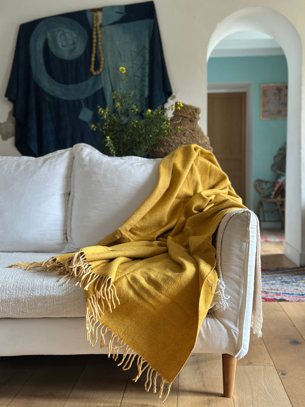 NEW 100% Handwoven Wool Throw: Yellow