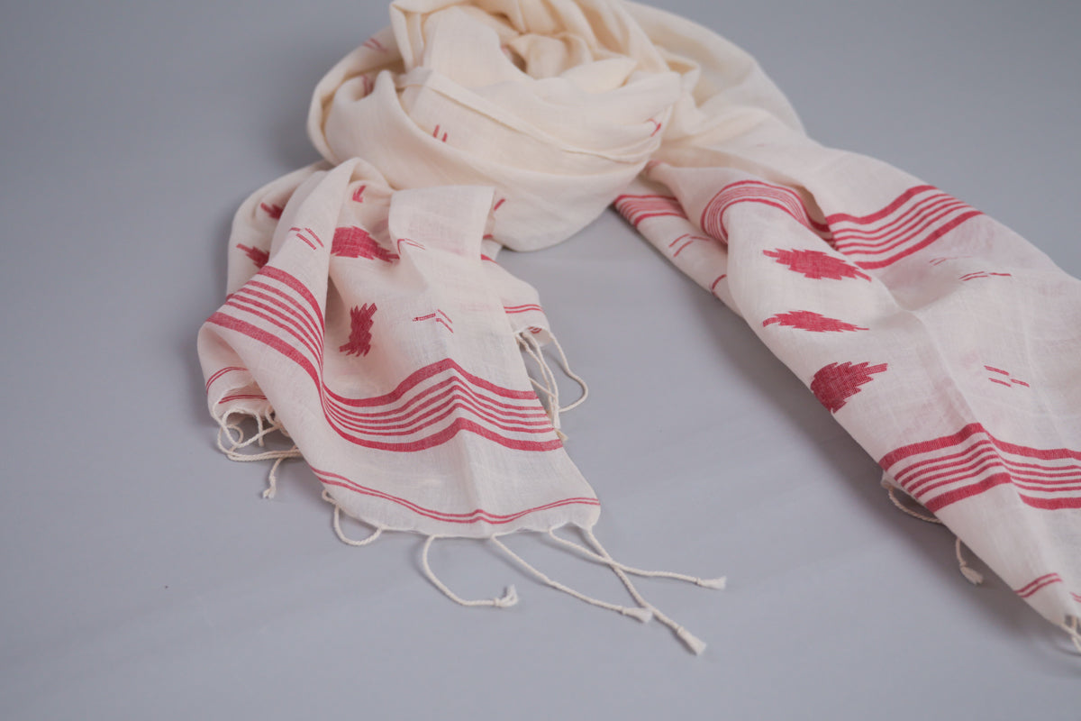 Red and White Jamdani Dupatta Shawl, Hand Loomed Cotton