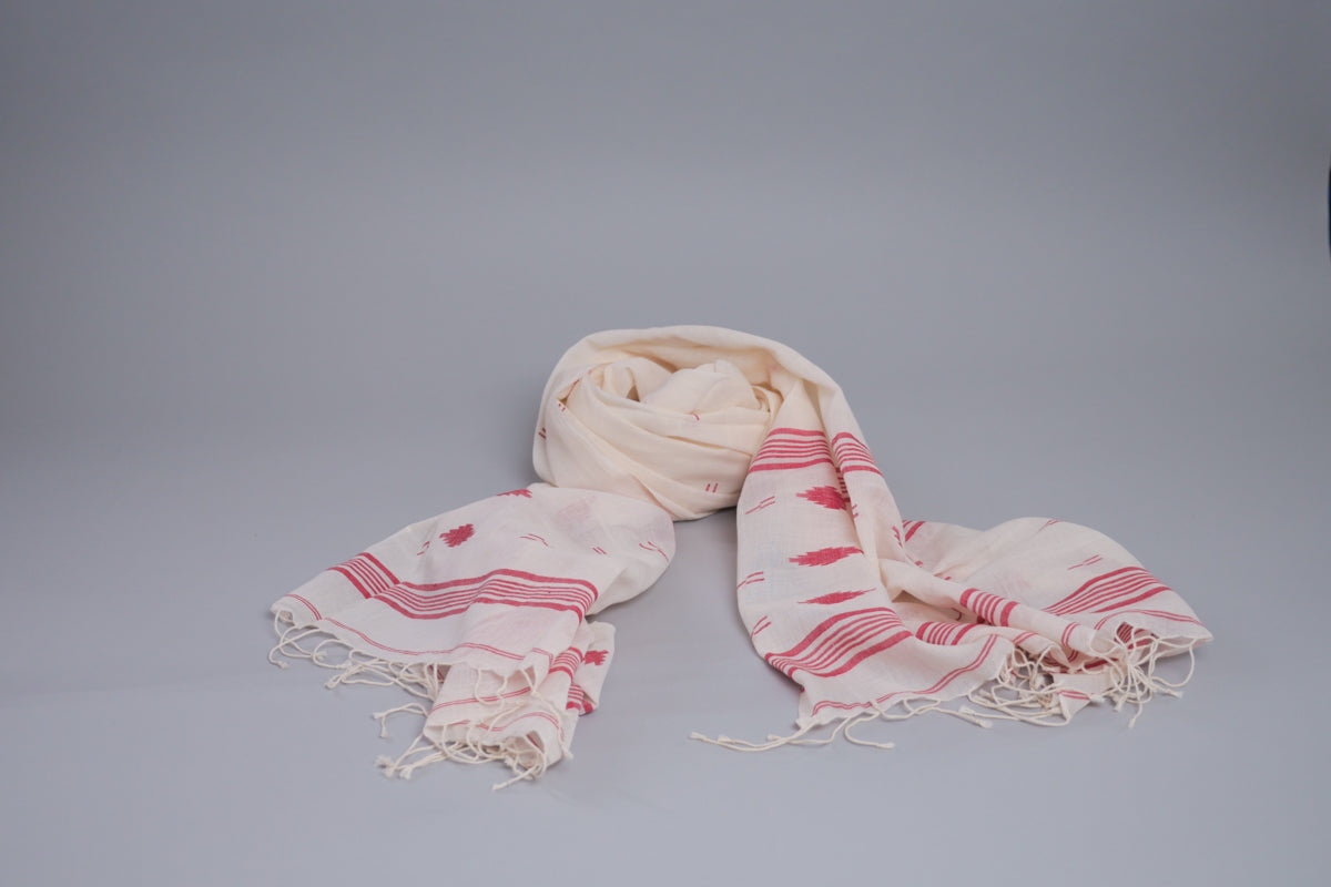 Red and White Jamdani Dupatta Shawl, Hand Loomed Cotton