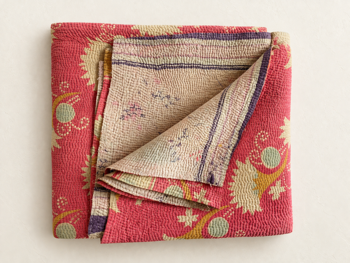 Pink vintage kantha with violet reverse side. Main image