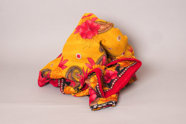 Kantha sari couvre-lit Saffron Hibiscus