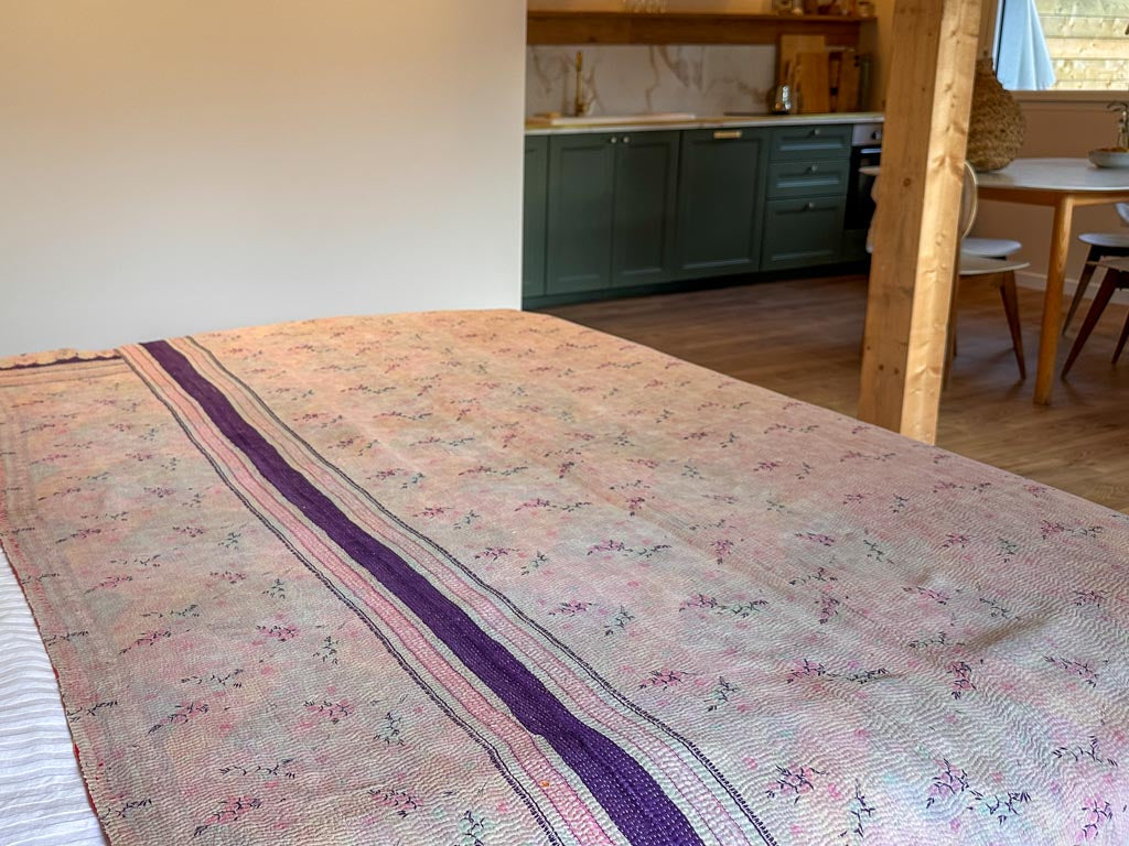 Vintage Kantha Bedspread in Recycled Cotton: Pink Garden Party