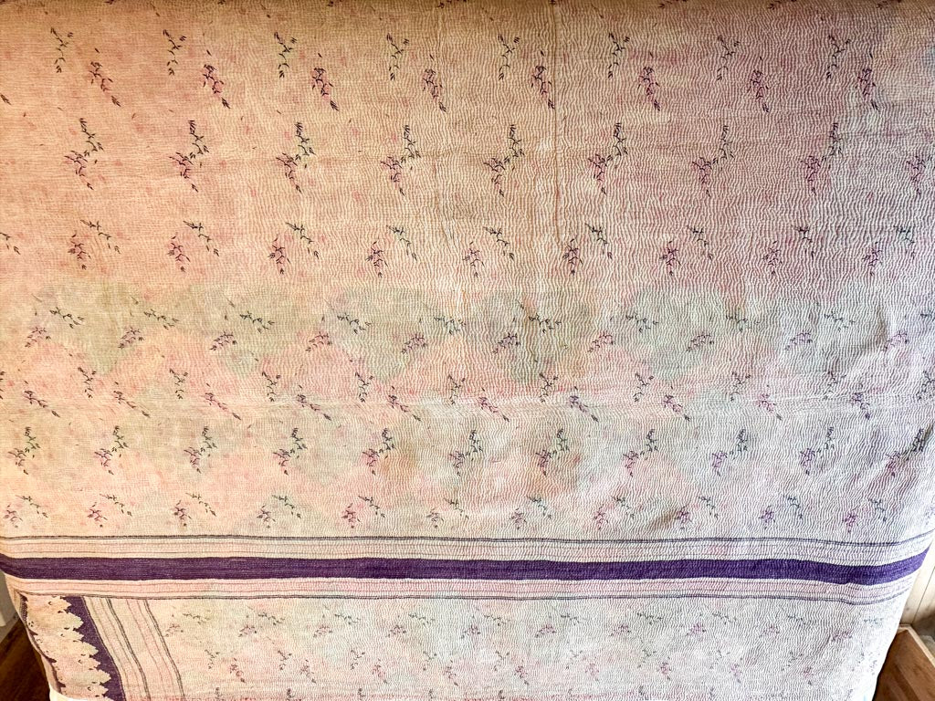Vintage Kantha Bedspread in Recycled Cotton: Pink Garden Party