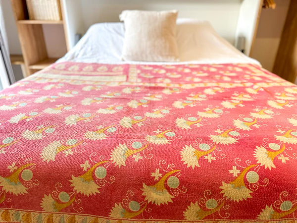 Vintage Kantha Bedspread in Recycled Cotton: Pink Garden Party
