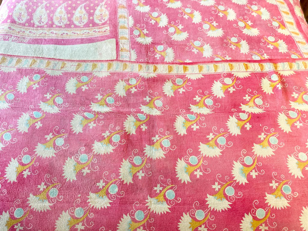 Vintage Kantha Bedspread in Recycled Cotton: Pink Garden Party