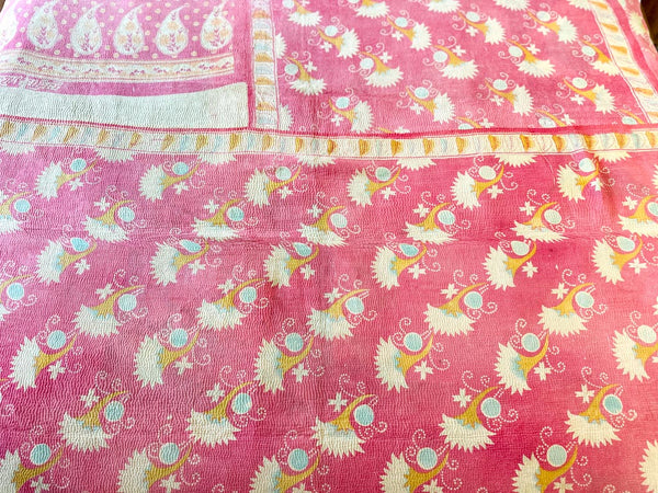 Vintage Kantha Bedspread in Recycled Cotton: Pink Garden Party