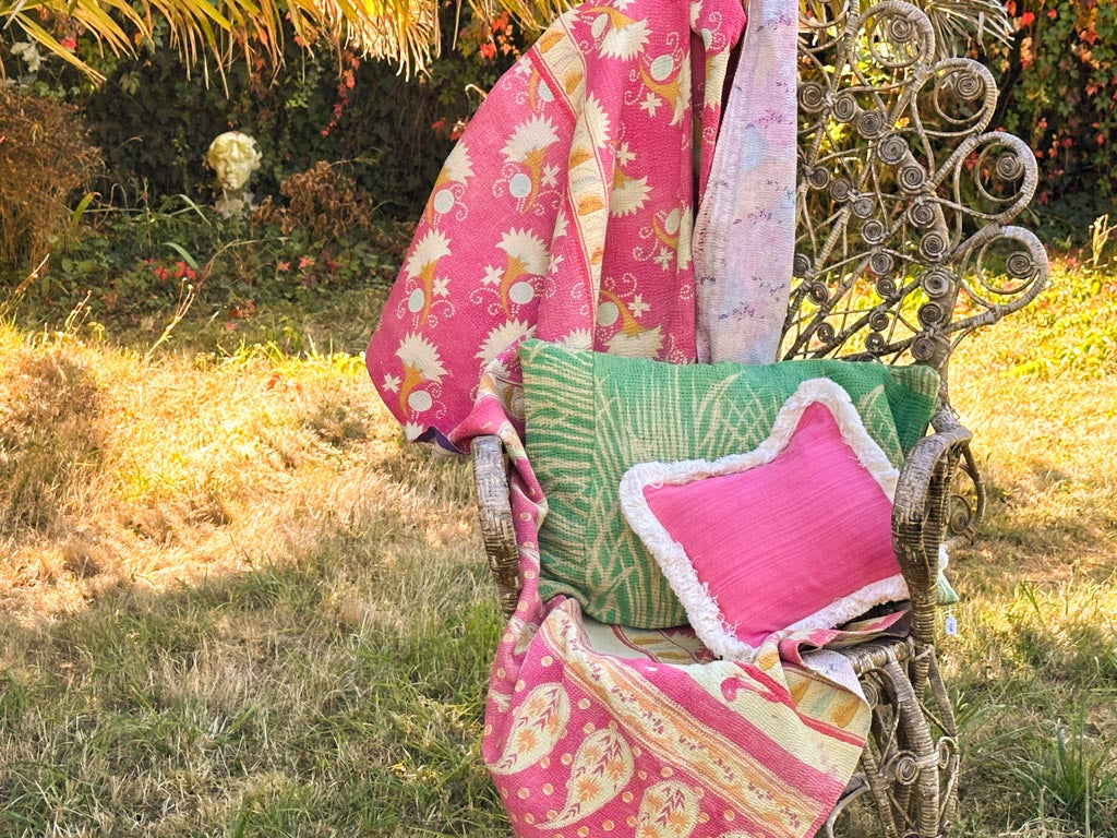 Vintage Kantha Bedspread in Recycled Cotton: Pink Garden Party