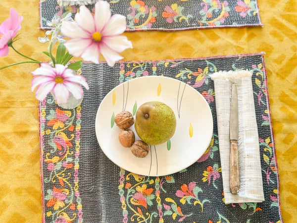 Set of 2 Vintage Kantha Place Mats, Carnival Flowers