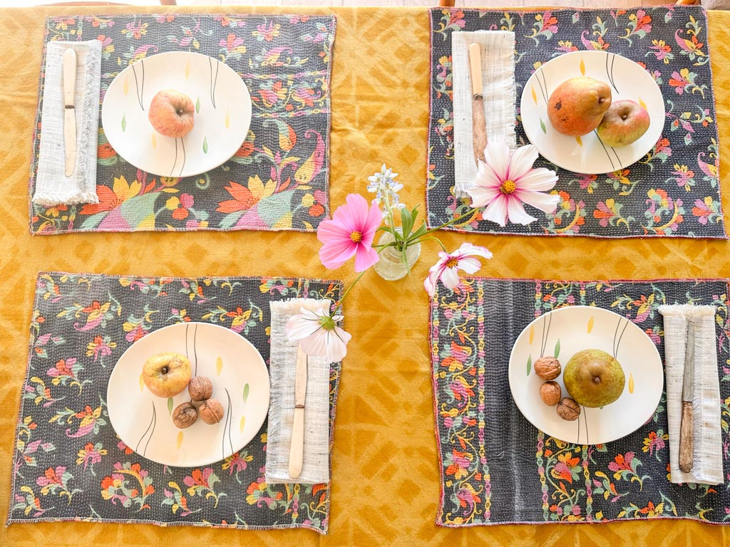 Set of 2 Vintage Kantha Place Mats, Carnival Flowers