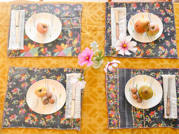 Set of 2 Vintage Kantha Place Mats, Carnival Flowers
