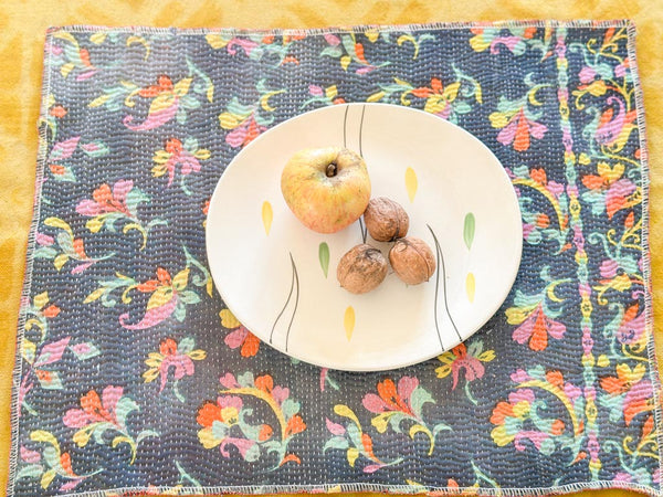 Set of 2 Vintage Kantha Place Mats, Carnival Flowers