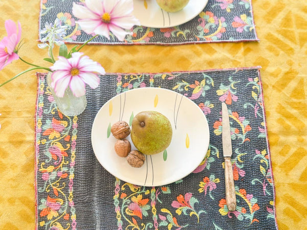 Set of 2 Vintage Kantha Place Mats, Carnival Flowers