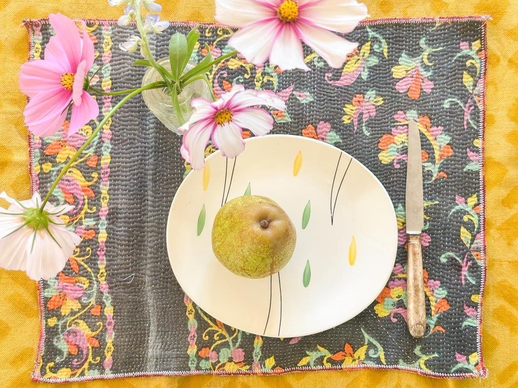 Set of 2 Vintage Kantha Place Mats, Carnival Flowers