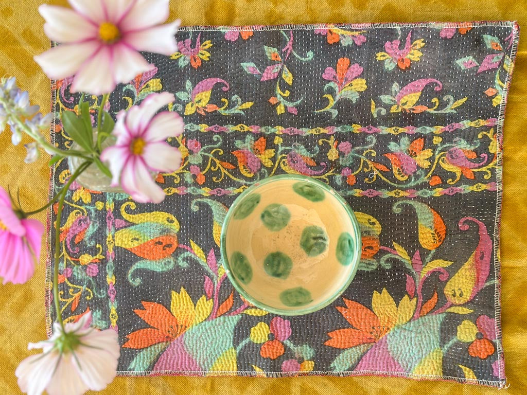 Set of 2 Vintage Kantha Place Mats, Carnival Flowers