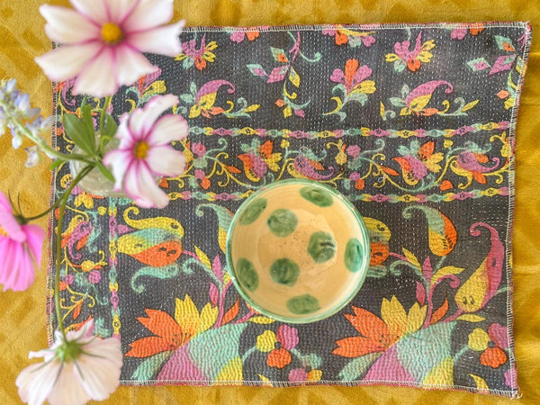 Set of 2 Vintage Kantha Place Mats, Carnival Flowers