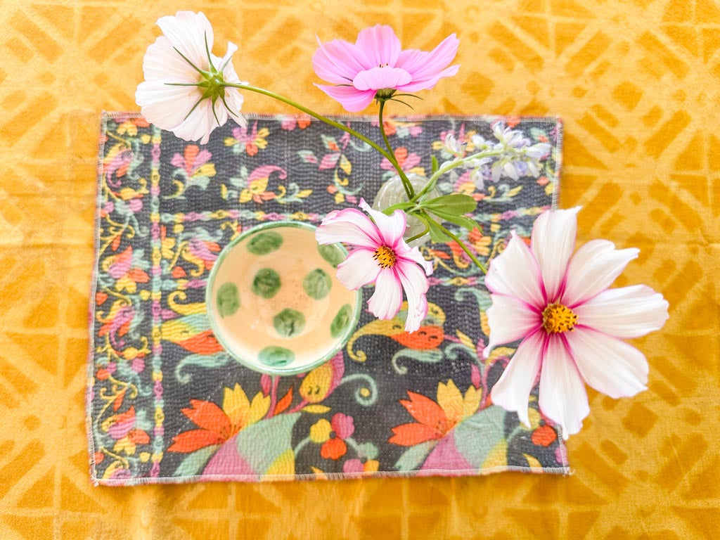 Set of 2 Vintage Kantha Place Mats, Carnival Flowers