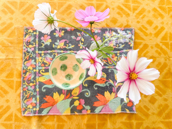 Set of 2 Vintage Kantha Place Mats, Carnival Flowers