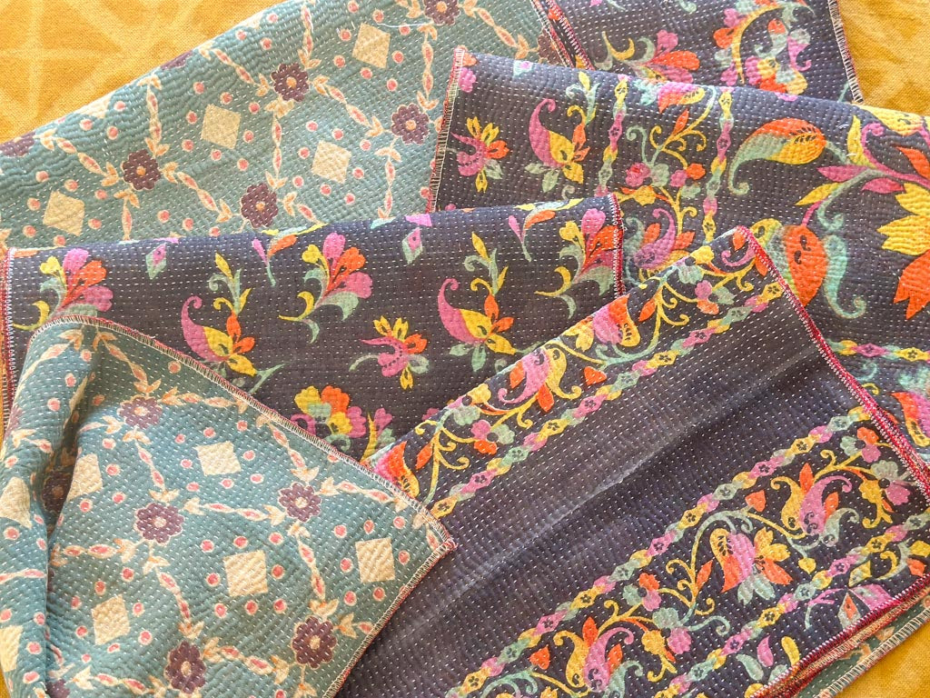 Set of 2 Vintage Kantha Place Mats, Carnival Flowers
