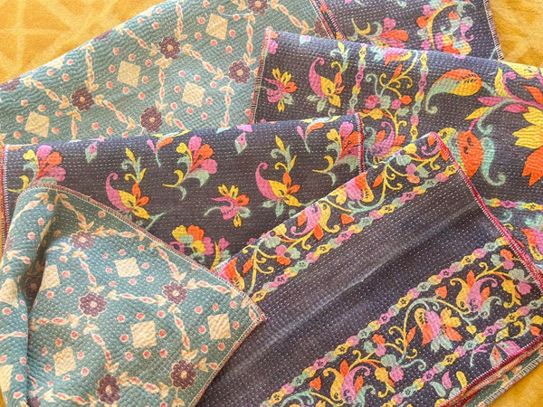 Set of 2 Vintage Kantha Place Mats, Carnival Flowers