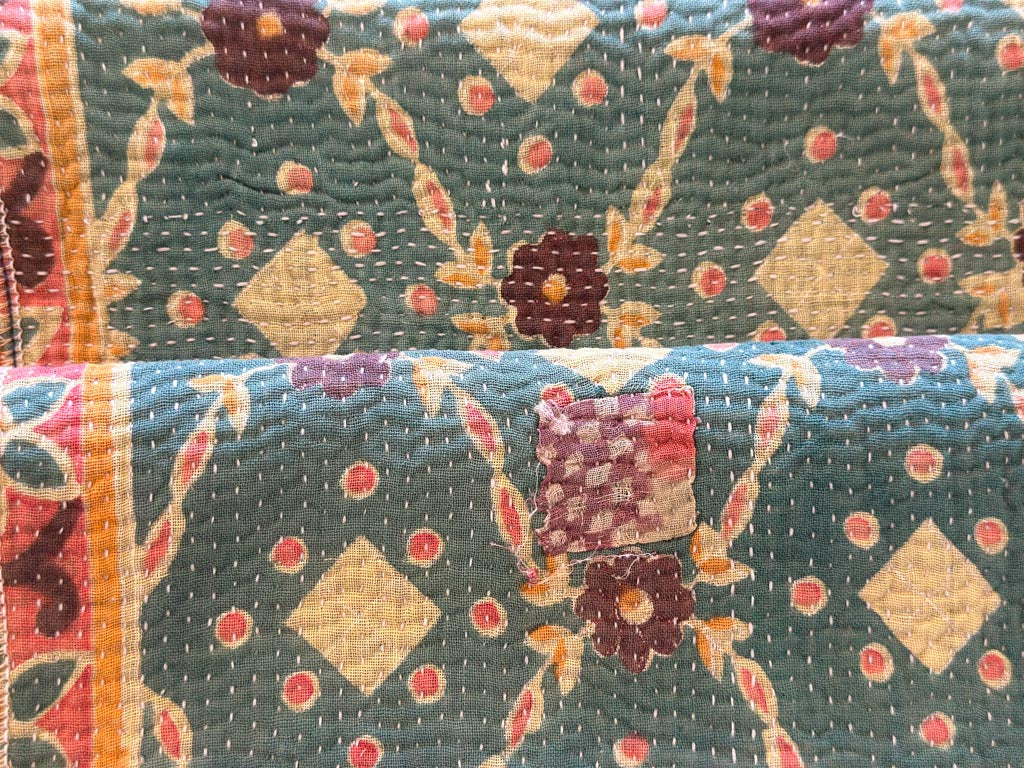 Set of 2 Vintage Kantha Place Mats, Carnival Flowers